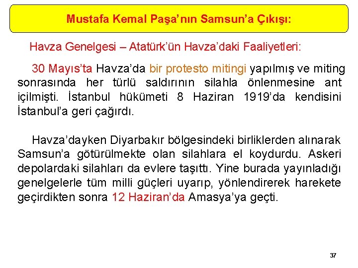 Mustafa Kemal Paşa’nın Samsun’a Çıkışı: Havza Genelgesi – Atatürk’ün Havza’daki Faaliyetleri: 30 Mayıs’ta Havza’da