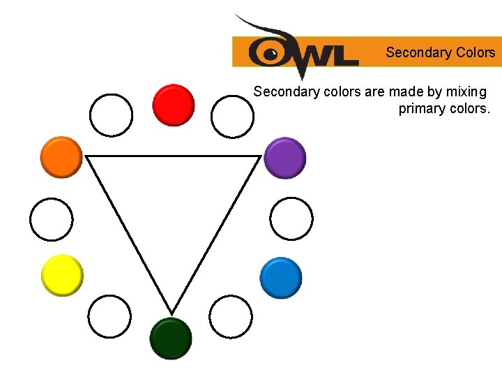 Secondary Colors Secondary colors are made by mixing primary colors. 