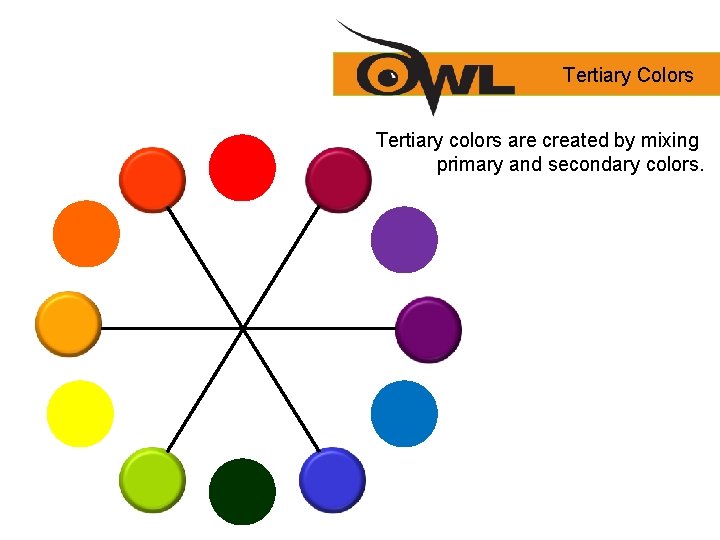 Tertiary Colors Tertiary colors are created by mixing primary and secondary colors. 