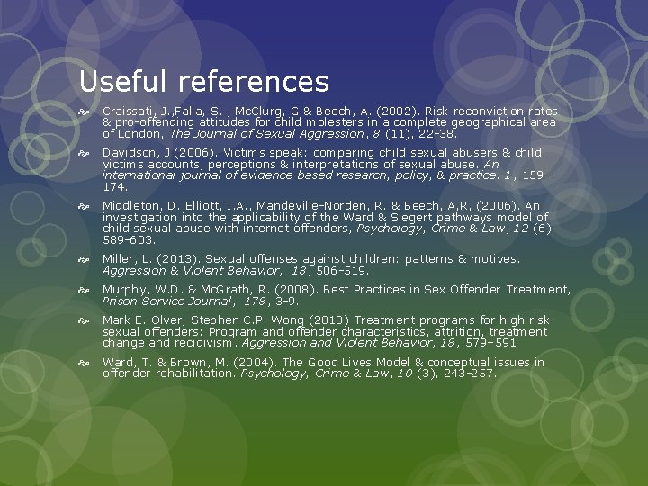 Useful references Craissati, J. , Falla, S. , Mc. Clurg, G & Beech, A.