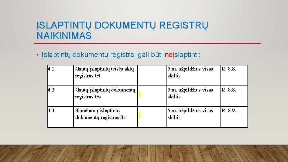 ĮSLAPTINTŲ DOKUMENTŲ REGISTRŲ NAIKINIMAS • Įslaptintų dokumentų registrai gali būti neįslaptinti: neį 4. 1