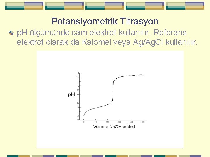 Potansiyometrik Titrasyon p. H ölçümünde cam elektrot kullanılır. Referans elektrot olarak da Kalomel veya