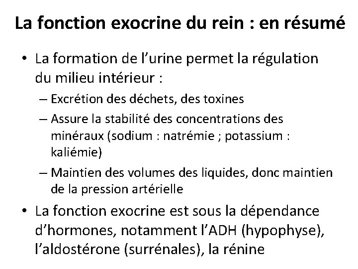 La fonction exocrine du rein : en résumé • La formation de l’urine permet La fonction exocrine du rein : en résumé • La formation de l’urine permet