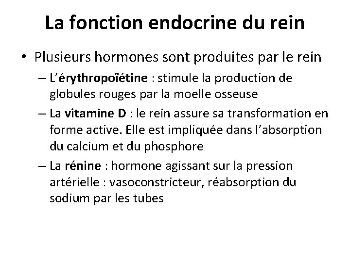La fonction endocrine du rein • Plusieurs hormones sont produites par le rein – La fonction endocrine du rein • Plusieurs hormones sont produites par le rein –