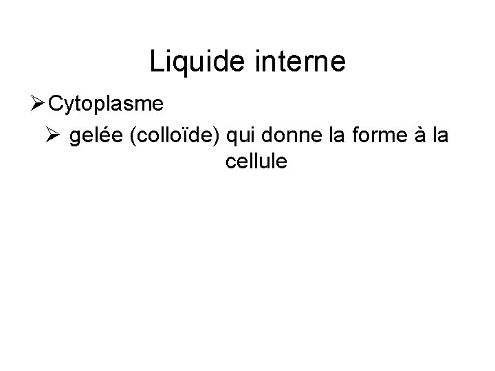 Liquide interne Ø Cytoplasme Ø gelée (colloïde) qui donne la forme à la cellule