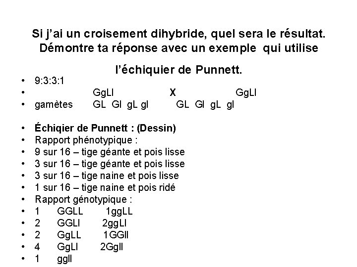 Si j’ai un croisement dihybride, quel sera le résultat. Démontre ta réponse avec un