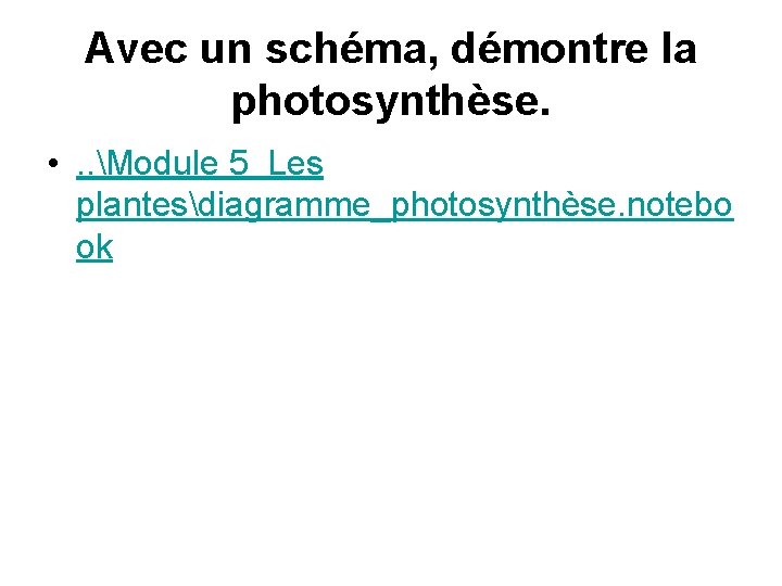 Avec un schéma, démontre la photosynthèse. • . . Module 5 Les plantesdiagramme_photosynthèse. notebo