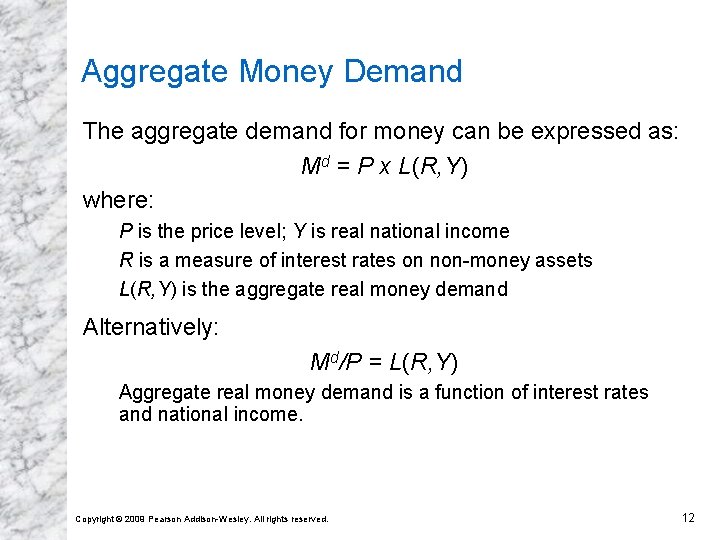 Aggregate Money Demand The aggregate demand for money can be expressed as: Md =