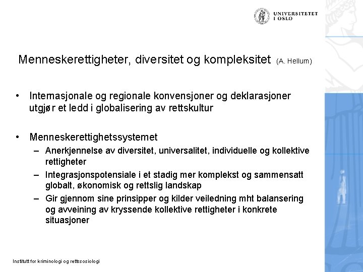 Menneskerettigheter, diversitet og kompleksitet (A. Hellum) • Internasjonale og regionale konvensjoner og deklarasjoner utgjør