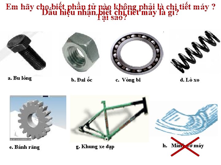 Em hãy cho biết phần tử nào không phải là chi tiết máy ?