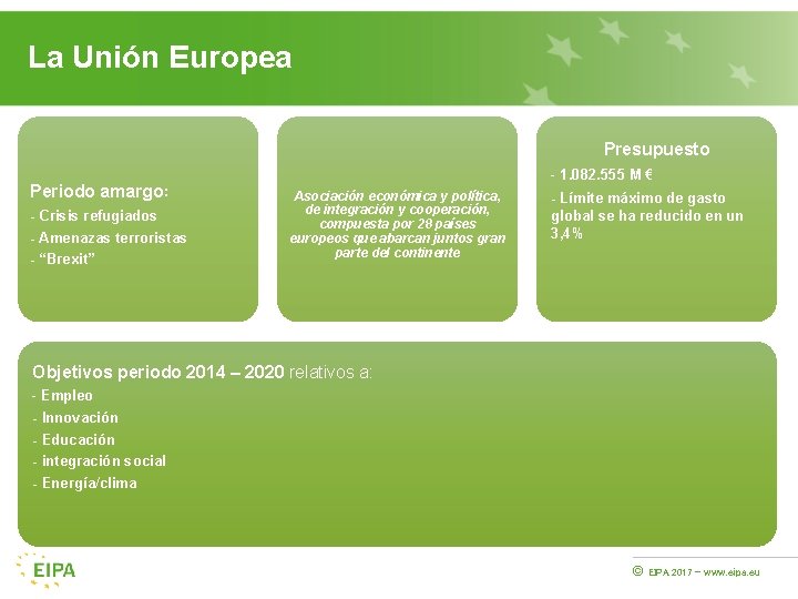 La Unión Europea de. Asociación económica y política, tanto de cooperación Presupuesto como de