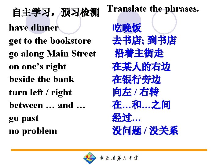 自主学习，预习检测 Translate the phrases. have dinner get to the bookstore go along Main Street