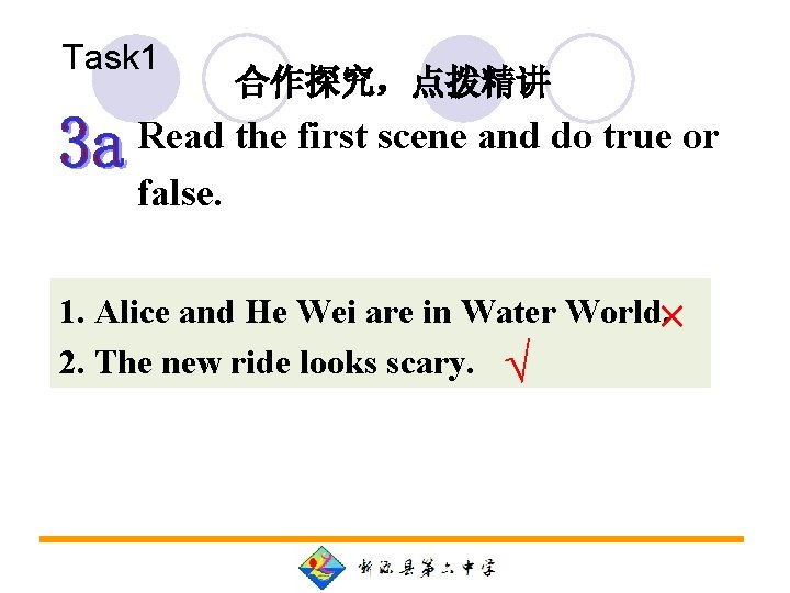 Task 1 合作探究，点拨精讲 Read the first scene and do true or false. 1. Alice