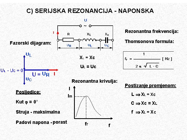 C) SERIJSKA REZONANCIJA - NAPONSKA Rezonantna frekvencija: Thomsonova formula: Fazorski dijagram: XL = Xc