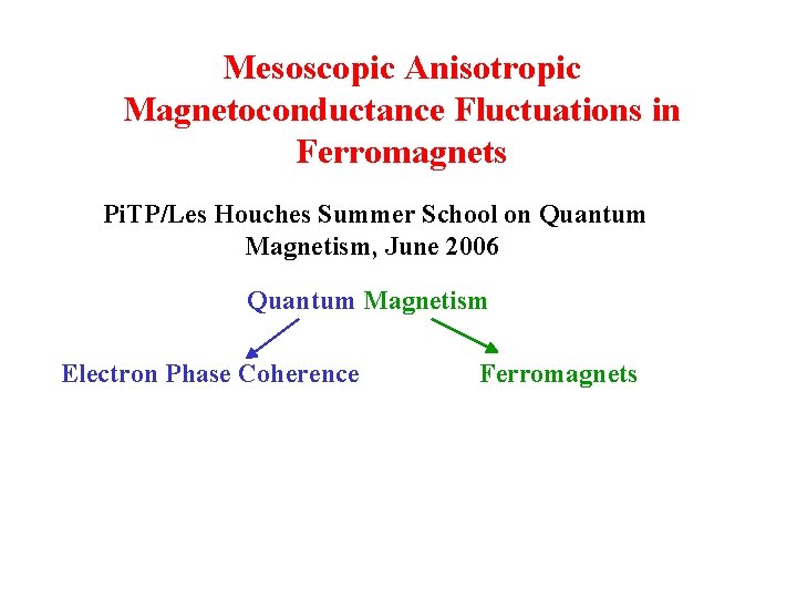 Mesoscopic Anisotropic Magnetoconductance Fluctuations in Ferromagnets Pi. TP/Les Houches Summer School on Quantum Magnetism,