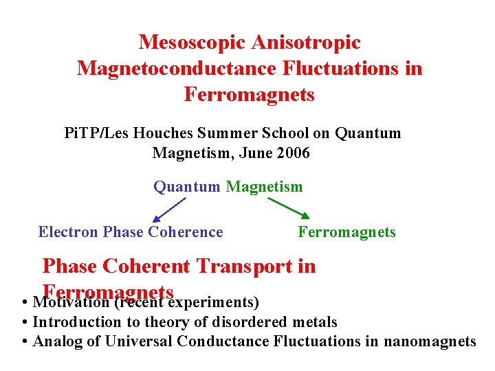 Mesoscopic Anisotropic Magnetoconductance Fluctuations in Ferromagnets Pi. TP/Les Houches Summer School on Quantum Magnetism,