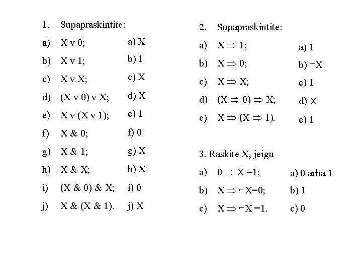 1. Supapraskintite: 2. Supapraskintite: a) X v 0; a) X 1; a) 1 b)