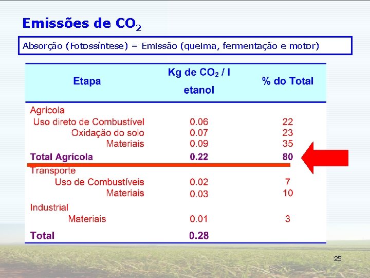 Emissões de CO 2 Absorção (Fotossíntese) = Emissão (queima, fermentação e motor) 25 
