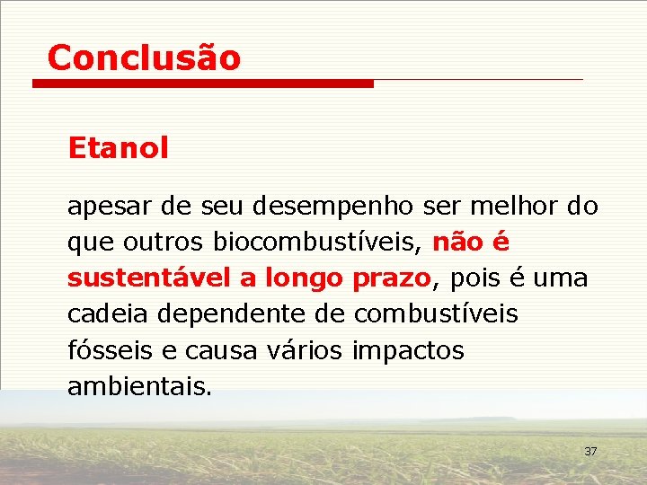 Conclusão Etanol apesar de seu desempenho ser melhor do que outros biocombustíveis, não é
