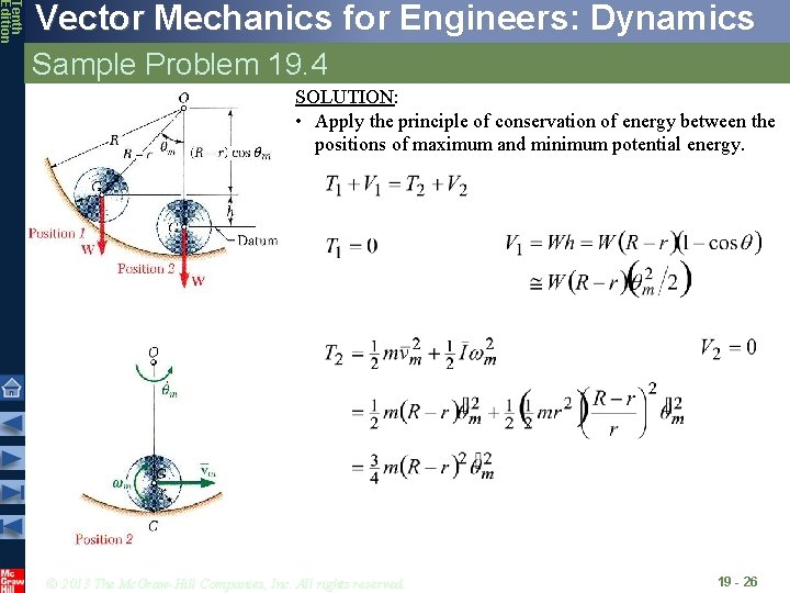 Tenth Edition Vector Mechanics for Engineers: Dynamics Sample Problem 19. 4 SOLUTION: • Apply