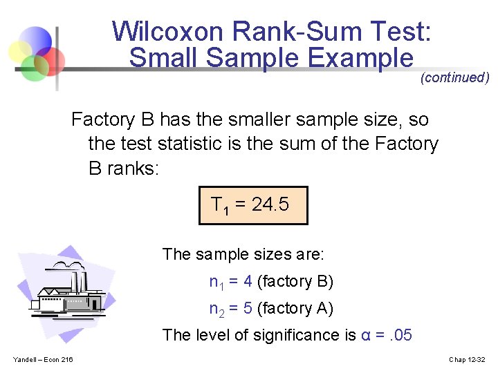 Wilcoxon Rank-Sum Test: Small Sample Example (continued) Factory B has the smaller sample size,