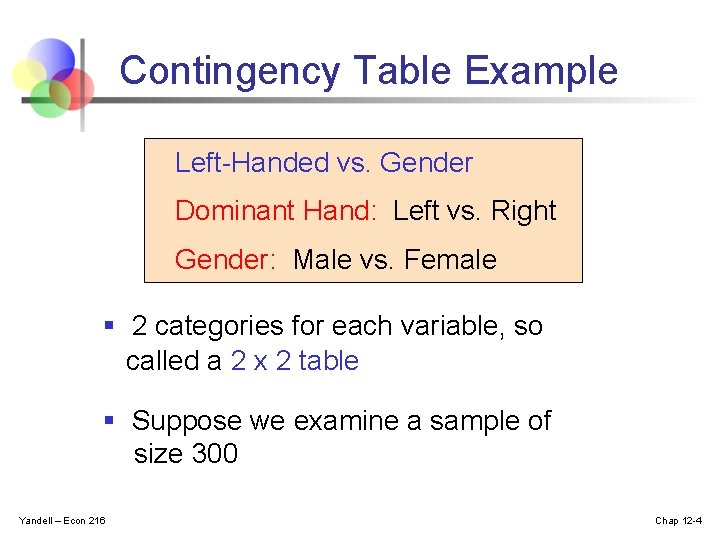 Contingency Table Example Left-Handed vs. Gender Dominant Hand: Left vs. Right Gender: Male vs.
