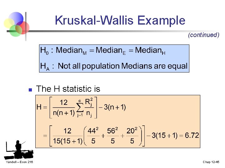 Kruskal-Wallis Example (continued) n Yandell – Econ 216 The H statistic is Chap 12