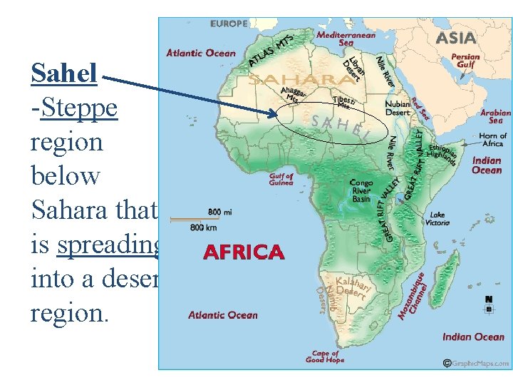 Sahel -Steppe region below Sahara that is spreading into a desert region. 