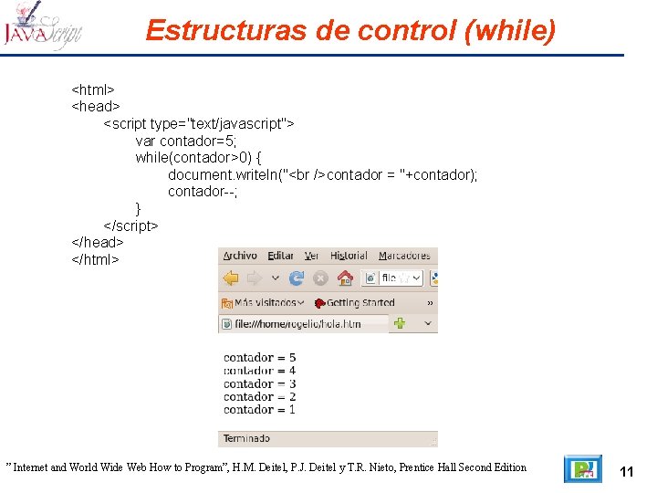 Estructuras de control (while) <html> <head> <script type="text/javascript"> var contador=5; while(contador>0) { document. writeln("