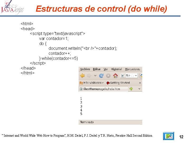 Estructuras de control (do while) <html> <head> <script type="text/javascript"> var contador=1; do { document.