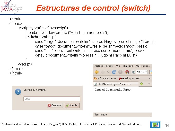 Estructuras de control (switch) <html> <head> <script type="text/javascript"> nombre=window. prompt("Escribe tu nombre? "); switch(nombre)