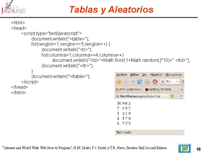 Tablas y Aleatorios <html> <head> <script type="text/javascript"> document. writeln("<table>"); for(renglon=1; renglon<=5; renglon++) { document.