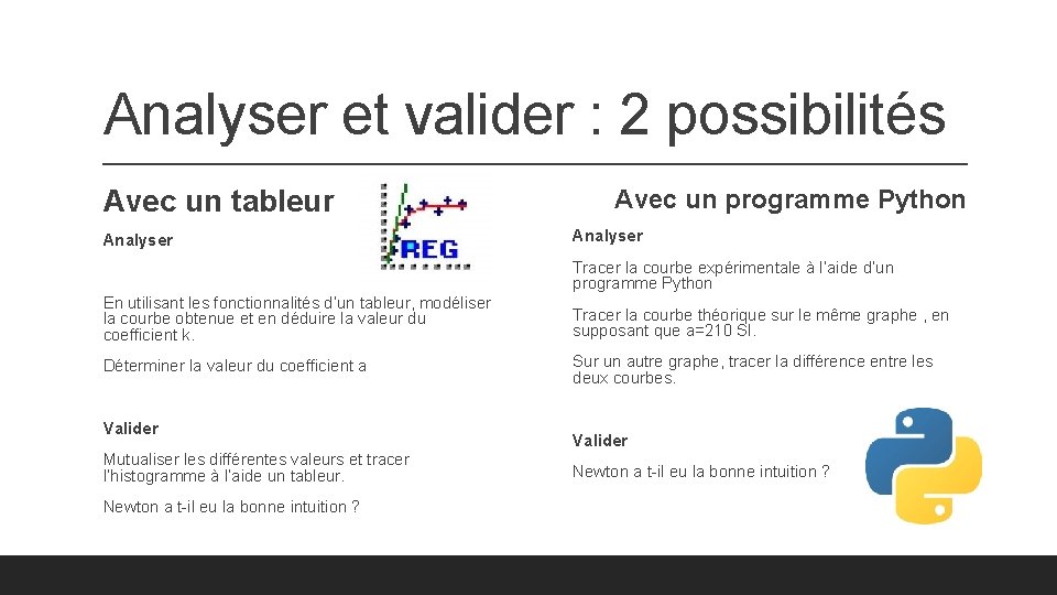 Analyser et valider : 2 possibilités Avec un tableur Avec un programme Python Analyser