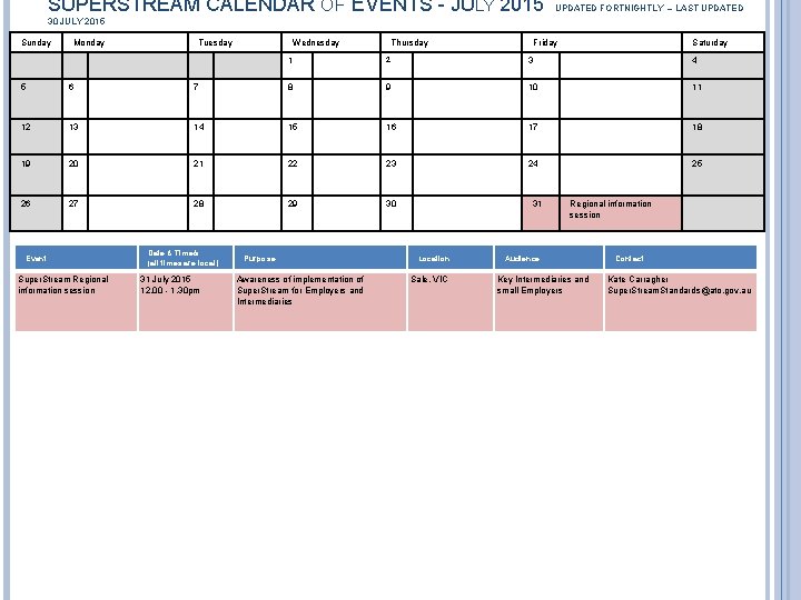 SUPERSTREAM CALENDAR OF EVENTS - JULY 2015 UPDATED FORTNIGHTLY – LAST UPDATED 30 JULY