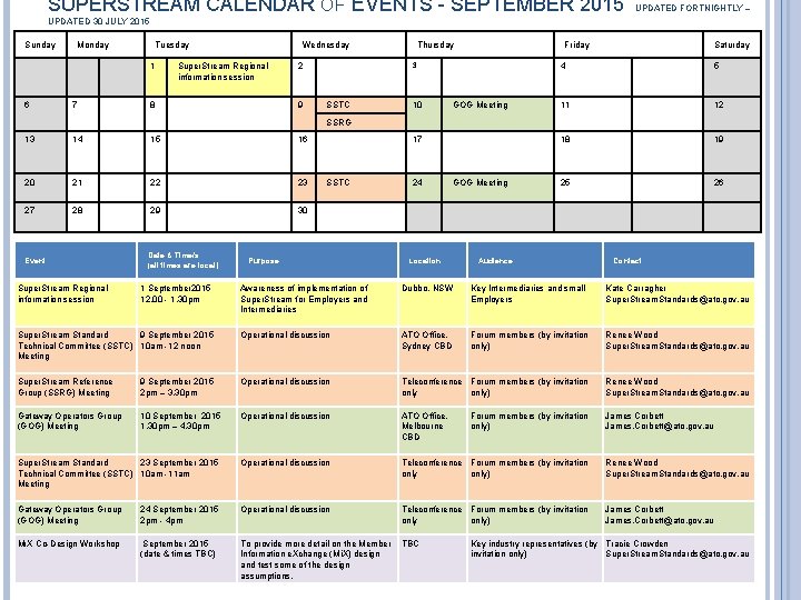 SUPERSTREAM CALENDAR OF EVENTS - SEPTEMBER 2015 UPDATED FORTNIGHTLY – UPDATED 30 JULY 2015