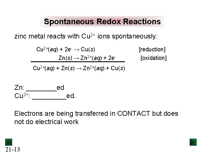 Spontaneous Redox Reactions zinc metal reacts with Cu 2+ ions spontaneously: Cu 2+(aq) +