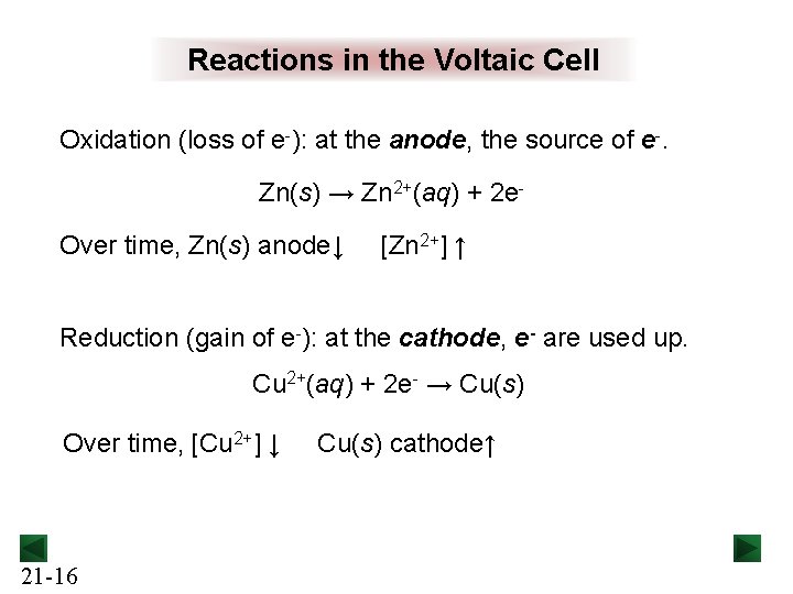 Reactions in the Voltaic Cell Oxidation (loss of e-): at the anode, the source