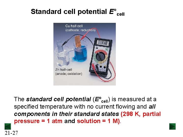 Standard cell potential E°cell The standard cell potential (E°cell) is measured at a specified