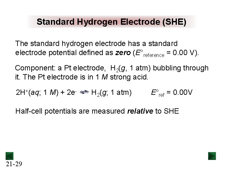 Standard Hydrogen Electrode (SHE) The standard hydrogen electrode has a standard electrode potential defined