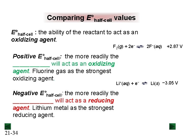 Comparing E°half-cell values E°half-cell : the ability of the reactant to act as an