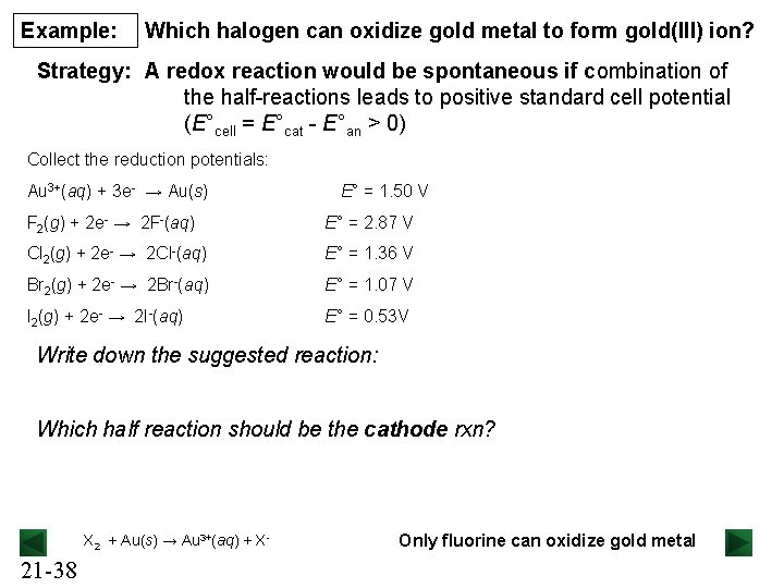 Example: Which halogen can oxidize gold metal to form gold(III) ion? Strategy: A redox