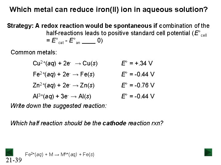 Which metal can reduce iron(II) ion in aqueous solution? Strategy: A redox reaction would