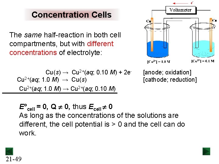 Concentration Cells The same half-reaction in both cell compartments, but with different concentrations of