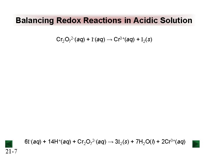 Balancing Redox Reactions in Acidic Solution Cr 2 O 72 -(aq) + I-(aq) →