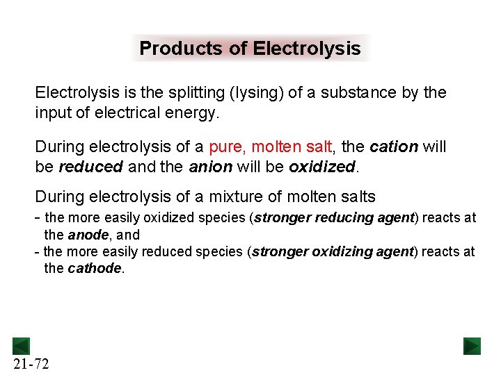 Products of Electrolysis is the splitting (lysing) of a substance by the input of