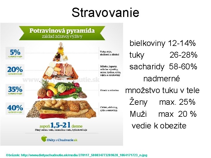 Stravovanie bielkoviny 12 -14% tuky 26 -28% sacharidy 58 -60% nadmerné množstvo tuku v