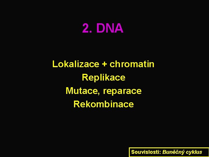 2. DNA Lokalizace + chromatin Replikace Mutace, reparace Rekombinace Souvislosti: Buněčný cyklus 