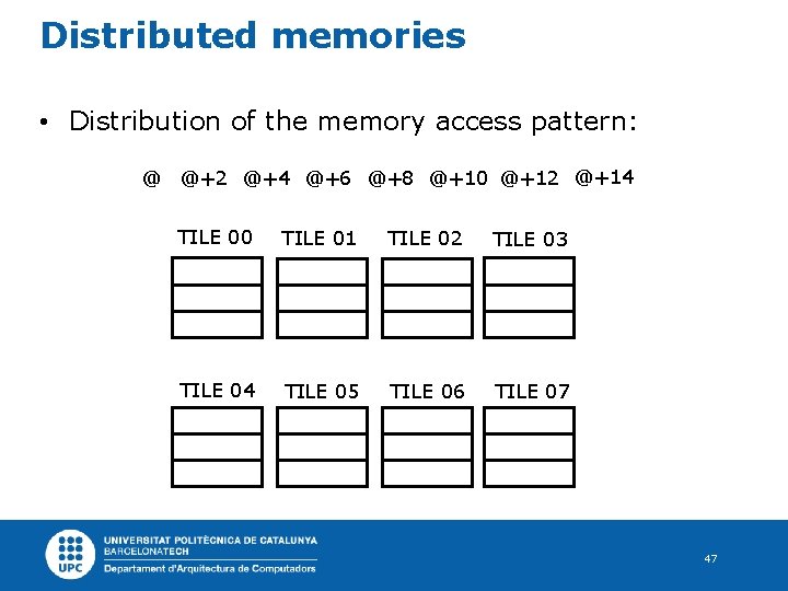 Distributed memories • Distribution of the memory access pattern: @ @+2 @+4 @+6 @+8
