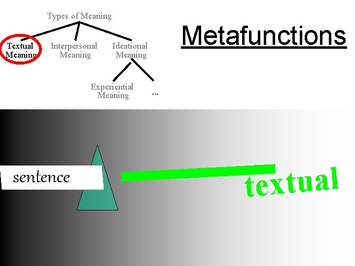 Types of Meaning Textual Meaning Interpersonal Meaning Experiential Meaning sentence Metafunctions Ideational Meaning .