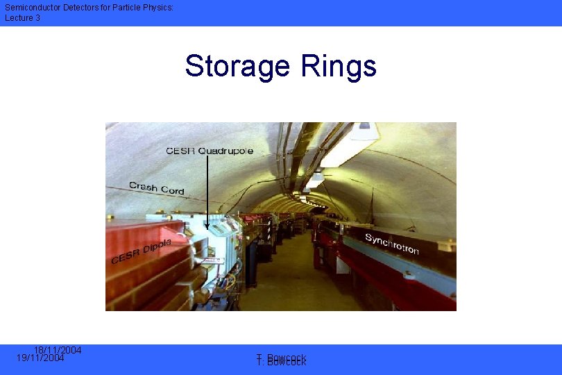 Semiconductor Detectors for Particle Physics: Lecture 3 Storage Rings 18/11/2004 19/11/2004 T. T. Bowcock